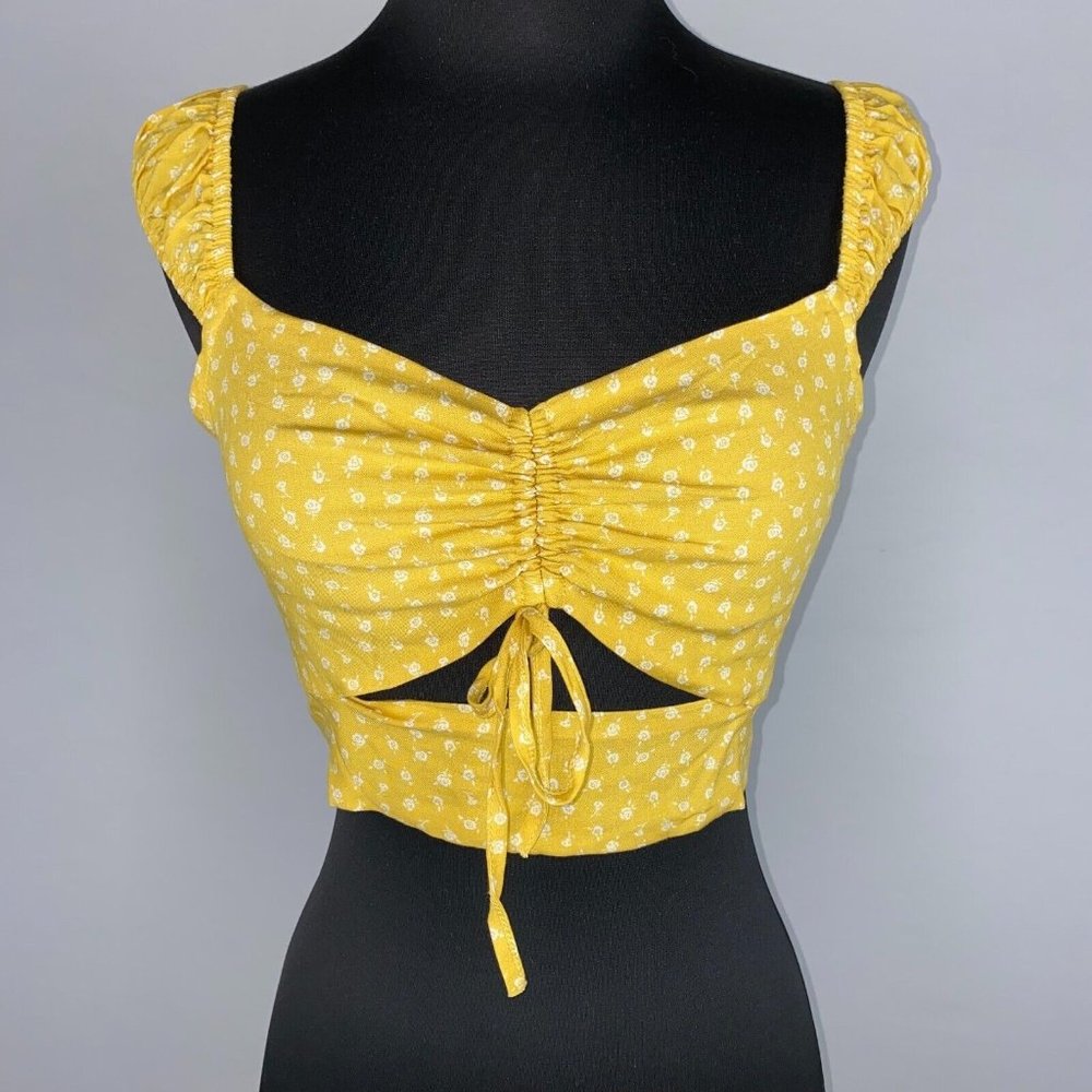 L.A. Hearts XS Floral Tie Cut Out Front Smocked Back Cropped Top Boho Festival